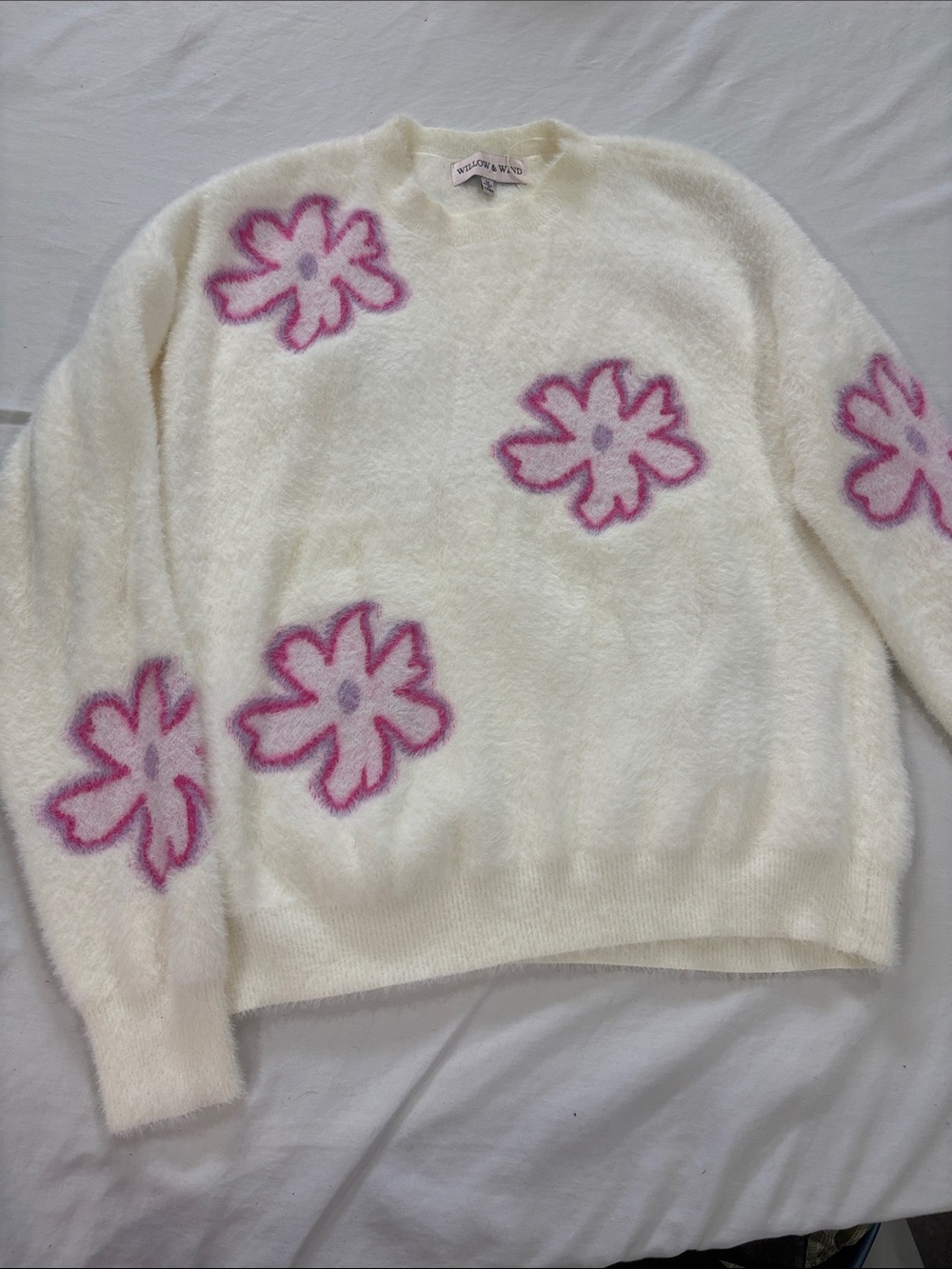 Willow & Wind Cream Crewneck Sweater with Pink Floral Motif